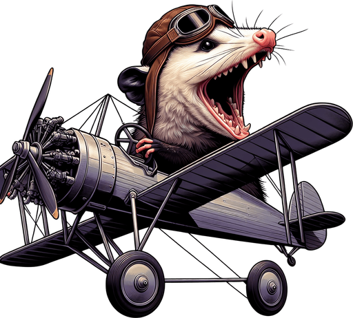 Opossum in aviator cap, flying bi plane. Realistic Opossum , screaming opossum, ugly art style, meme, mouth open, side view
Single Game Texture. In-Game asset. 2d. Blank background. High contrast. No shadows.