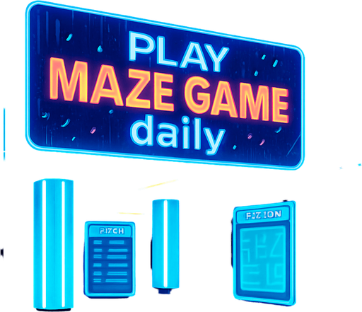 “Render a futuristic plaza interior with holographic directories, neon columns, and reflective glass panels. A massive overhead display reads ‘Play Maze Game daily’ in bold animated text. Include drifting digital confetti effects, subtle rain droplets on glass, and ambient neon glow—no characters or coins.”.
In-Game asset.  2d.  High contrast.  No shadows