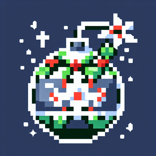 16 bit CHRISTMAS bomb power up icon.
Single Game Texture. In-Game asset. 2d. Blank background. High contrast. No shadows.