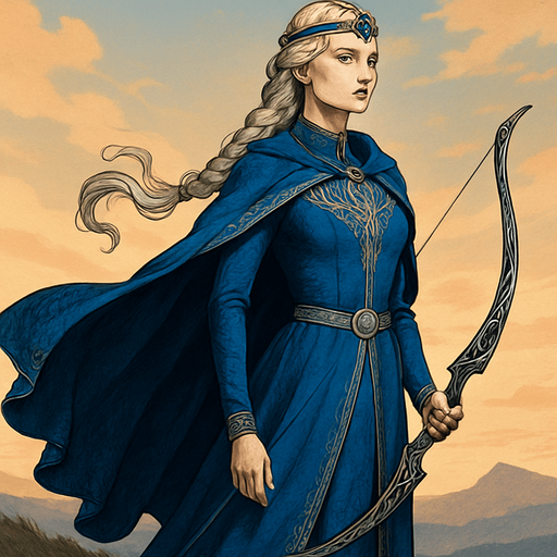 A noblewoman-archer dressed in royal blue and silver, standing on a hilltop during dawn. Female, 30 years old, graceful but strong, with long platinum blonde hair in a braid, storm-grey eyes, and porcelain skin. She wears a sapphire-encrusted circlet and carries an ornate elven longbow. Her cloak flutters in the wind. Realistic, highly detailed, elegant fantasy tone. relistic.
In-Game asset.  2d.  High contrast.  No shadows