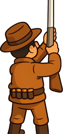 cartoon style back view duck hunter use white shootgun straight vertical shoot act.