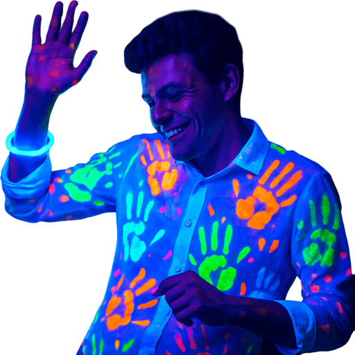 Dancing man in a white shirt filled with multi-colored UV ink palm prints. UV luminous bracelet on the arm