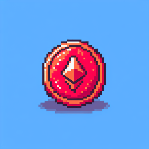 pixel art coin with red color.
Single Game Texture. In-Game asset. 2d. Blank background. High contrast. No shadows.