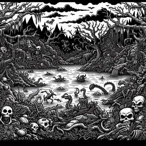 Generate a high quality cartoon background Halloween image on a black canvas similar to the format of where is waldo with a hellish lake environment.
Single Game Texture. In-Game asset. 2d. Blank background. High contrast. No shadows.