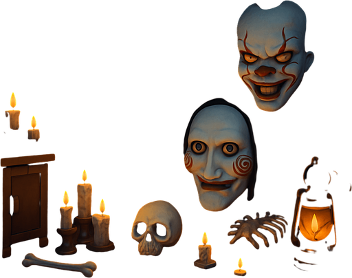 3D Scary room with many 3D decorations around, 3D scary masks of memes from movies around it.
In-Game asset.  3D.  High contrast.  No shadows. no jesus cross. no star of 6. no start of 5. no devil. HD colors