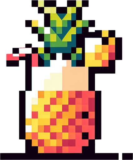 cartoon/8-bit. piña colada in a pinaple..
Single Game Texture. In-Game asset. 2d. Blank background. High contrast. No shadows.