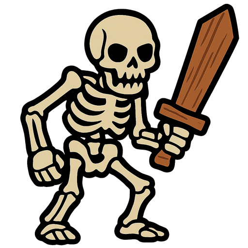 Skeleton with a wooden sword.
In-Game asset.  2d.  High contrast.  No shadows