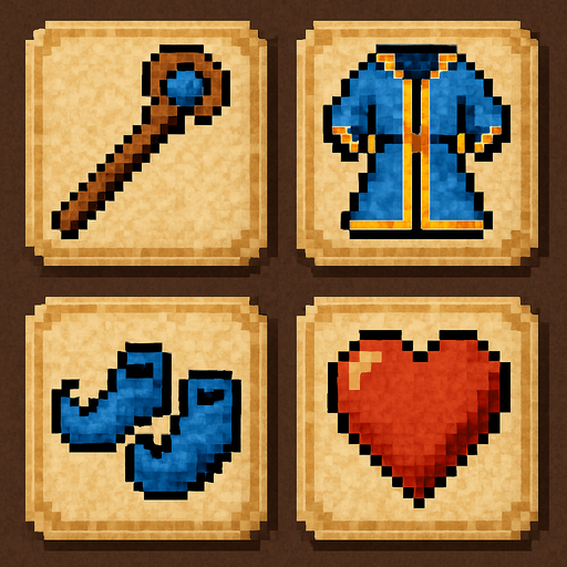 Four square cards with rounded, embossed edges with parchment texture for background. One shows an icon of wizards staff, one shows an icon of a wizards robe, one shows an icon of a pair of wizards slippers and one shows an icon of a heart. Pixelated retro video game art..
In-Game asset.  2d.  High contrast.  No shadows