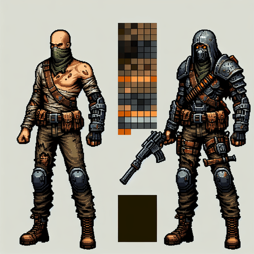 Игрок в стиле зомби апокалипсиса.
Single Game Texture. In-Game asset. 2d. Blank background. High contrast. No shadows.