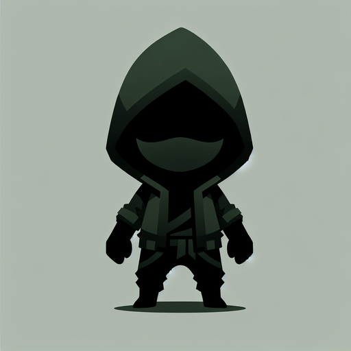A ninja kid thief, full body, with a dark green hoodie.
Single Game Texture. In-Game asset. 2d. Blank background. High contrast. No shadows.