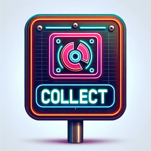 retro sign with the word collect and a datadisk symbol in neon colors...
Single Game Texture. In-Game asset. 2d. Blank background. High contrast. No shadows.
