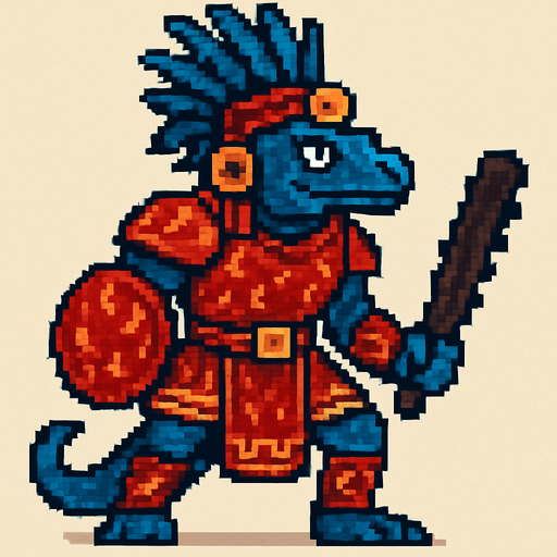 Generame un guerrero azteca con patrones, estilo pixelar, ademas sera un El lagarto azul de Gorgona humanoide. Va tener una armadura roja con efetos de llamitas pequeñas.
In-Game asset.  2d.  High contrast.  No shadows