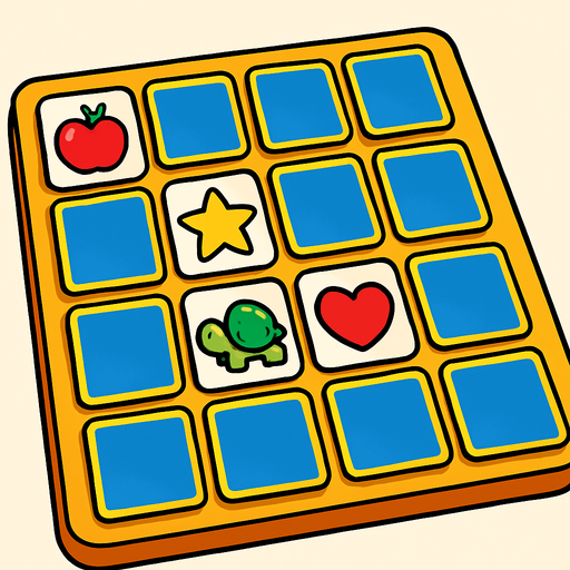 a cartoon style 3d image of a memory match board game with some cards face up and some cards face down..
In-Game asset.  2d.  High contrast.  No shadows