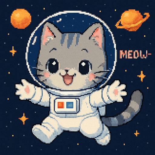 A cute gray kitten, drawn in an adorable chibi anime style and wearing an astronaut suit, floats in outer space with its little paws outstretched as if reaching out for a hug. It meows sweetly, and the entire scene is illustrated in charming Pixel Art style.