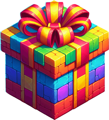 gift wrapped box, vivid colours. with bow on top Single Game Texture. In-Game asset. 2d. Blank background. High contrast. No shadows. Single Game Texture. In-Game asset. 2d. Blank background. High contrast. No shadows.