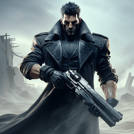 A muscular, imposing man with short spiky black hair, dark eyes, and a cold expression. He wears a long, dark trench coat and carries a large gun. His body language is strong and aggressive, with a gritty, rugged look, evoking a sense of danger. The background is desolate, with dusty windblown landscapes, reflecting the harsh environment of the anime world. The atmosphere should feel intense and full of tension, emphasizing his role as a tough, battle-hardened character.".
Single Game Texture. In-Game asset. 2d. Blank background. High contrast. No shadows.