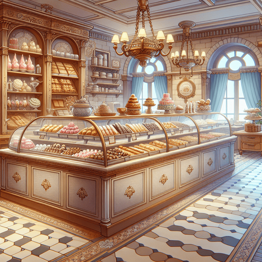 interieure de patiserie.
Single Game Texture. In-Game asset. 2d. Blank background. High contrast. No shadows.