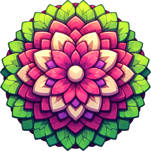 A round magenta and green flower. Top down view.
Single Game Texture. In-Game asset. 2d. Blank background. High contrast. No shadows.