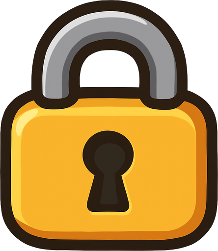 A small, flat 2D padlock icon designed for mobile games. The lock should be cartoon-style with a rounded body, thick outline, and a keyhole in the center. Use soft shadows and a slight 3D effect. The color should be golden yellow or metallic gray, clearly visible when placed over a flag. The icon must have a transparent background and be suitable for overlaying on a world map UI in a kids’ adventure game..
In-Game asset.  2d.  High contrast.  No shadows