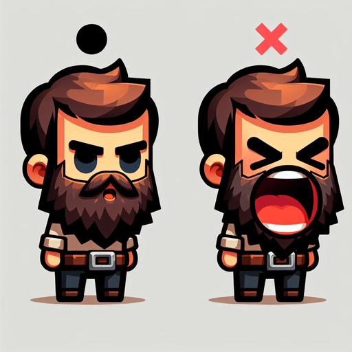 маленький бородатый парень и он же с открытым ртом.
Single Game Texture. In-Game asset. 2d. Blank background. High contrast. No shadows.