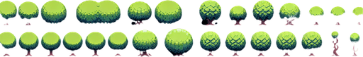 Create a sprite sheet showing the different components of the hedge.  The design should include views from above. Arrange the components on a dark background, neatly aligning each part in rows and columns for easy identification and use in game development..
Single Game Texture. In-Game asset. 2d. Blank background. High contrast. No shadows.