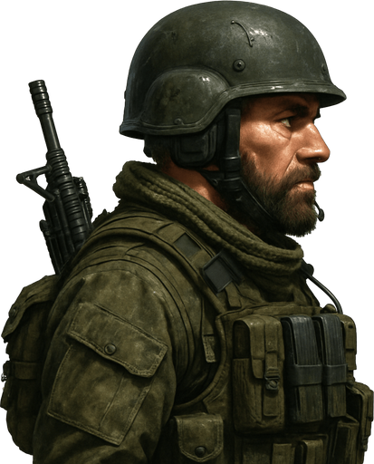 Komando, yazısız, gerçekçi, yandan görünüm.
In-Game asset.  2d.  High contrast.  No shadows