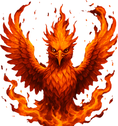 Fénix envuelto en llamas mirando al frente, algo realista, pero no poner un pájaro rojo cualquiera.
In-Game asset.  2d.  High contrast.  No shadows
