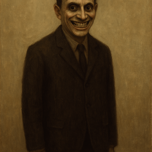 make his head backwards looking to camera and smiles uncanny horror