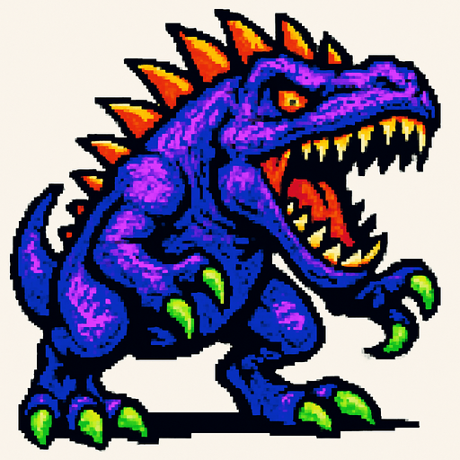 90'lardaki retro oyun dinazoru. vahşi olsun. diğer canavarlarda gibi olmayan renk olsun
In-Game asset.  2d.  High contrast.  No shadows