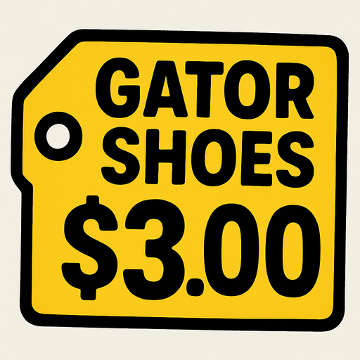 Price tag that says Gator shoes $3.00.
In-Game asset.  2d.  High contrast.  No shadows