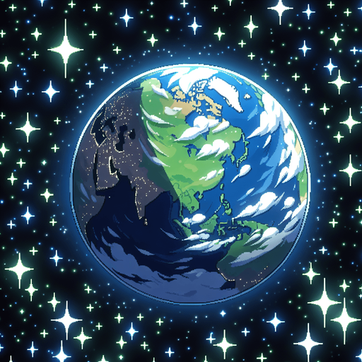 2d anime style image about earth from space with full of stars
Single Game Texture.  In-Game asset.  2d.  Blank background.  High contrast.  No shadows