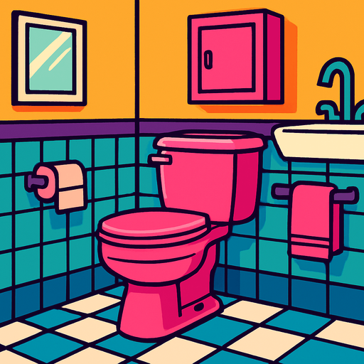 A bathroom with a pink toilet.
In-Game asset.  2d.  High contrast.  No shadows