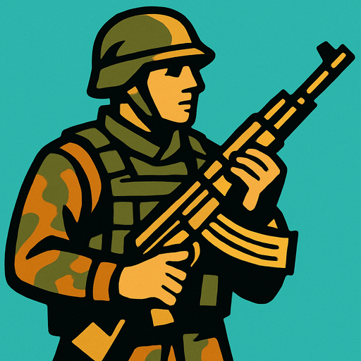 elinde silahı olan bir asker.
In-Game asset.  2d.  High contrast.  No shadows