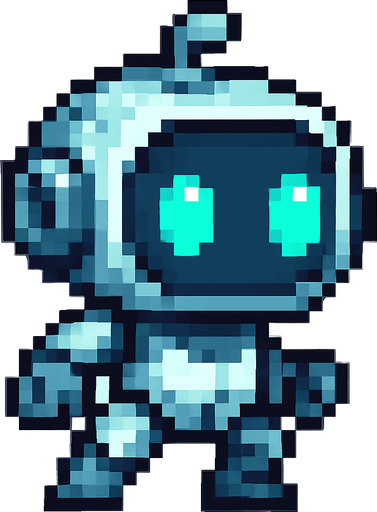 Crea un personaje que sea un robot pequeño y amigable.
Diseño estilo futurista pero tierno, como un asistente robótico.
Que parezca ágil y listo para esquivar bombas.
Estilo píxel art. Fondo transparente..
In-Game asset.  2d.  High contrast.  No shadows