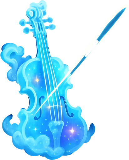 Un violín que parece estar esculpido en nubes etéreas o cristal de éter, con un brillo suave. El arco es un haz de luz pura que deja un rastro luminoso al moverse. Las cuerdas son finos hilos de energía que brillan con diferentes colores, y el cuerpo del violín podría tener constelaciones o nebulosas incrustadas..
In-Game asset.  2d.  High contrast.  No shadows
