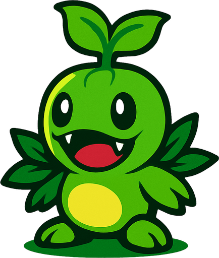 Um monstrinho do tipo grama inspirado em Pokémon e Digimon e planta vs zombie.
In-Game asset.  2d.  High contrast.  No shadows
