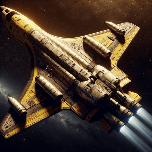 Create a highly detailed image of a space shuttle top view with no angel soaring through deep space. The shuttle should have a sleek, aerodynamic design with visible engines emitting a faint blue glow. It should feature realistic textures, metallic surfaces, and visible symbols. Make the shuttle color Yellowish. Make it straight going forward.
Single Game Texture. In-Game asset. 2d. Blank background. High contrast. No shadows.