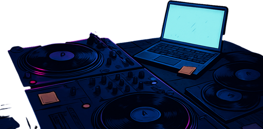 A 2048x2732 vertical background illustration in a semi-realistic comic book style. The scene depicts a moody DJ booth inside a small urban apartment at night, overlooking a vibrant neon-lit city through large glass windows. The DJ setup is stylish but lived-in — with vinyl records, scattered sticky notes, a glowing laptop screen, and faint light reflections on the desk. Outside, rain trickles down the window, and distant buildings flicker with purples, blues, and pinks. The entire environment feels reflective, lo-fi, and intimate — as if the city hums with a quiet rhythm. No characters, no text — just a story-rich, immersive menu backdrop..
In-Game asset.  2d.  High contrast.  No shadows