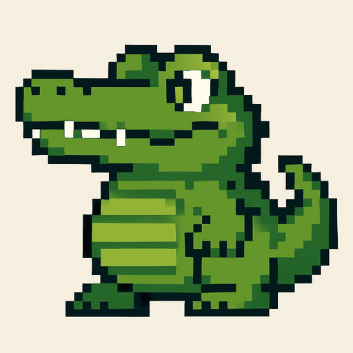 green crocodile. looking left. pixel art..
In-Game asset.  2d.  High contrast.  No shadows