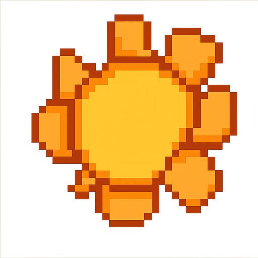 Pixelated sun . No background. Transparent background. Blank background. No shadows. 2d. In-Game asset. flat