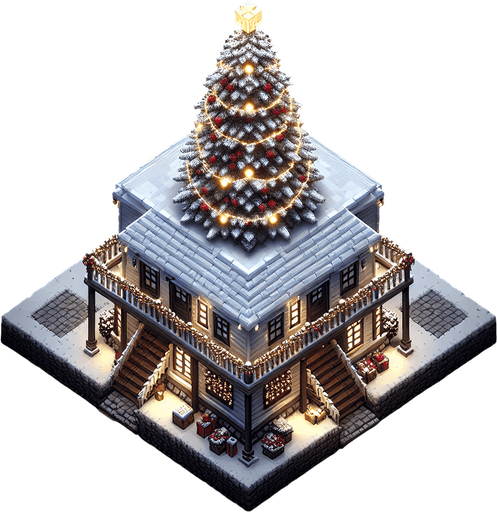 overhead view of simple box house christmas decorations giant christmas tree out front video game asset 2d blank background Single Game Texture. In-Game asset. 2d. Blank background. High contrast. No shadows.