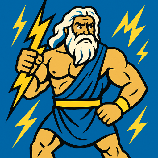 güçlü bir yıldırım tanrısı olan zeus çiz.
In-Game asset.  2d.  High contrast.  No shadows