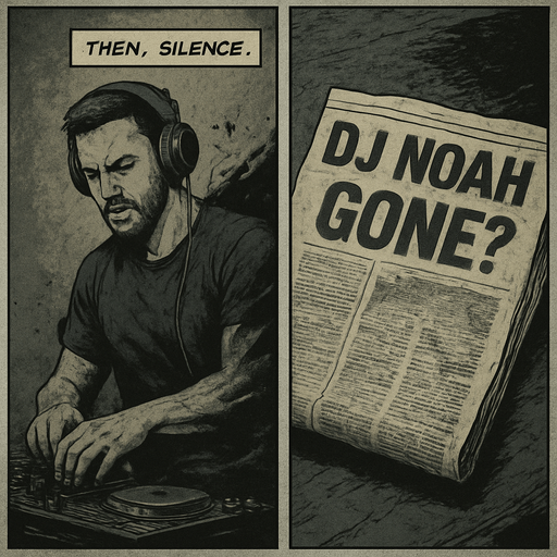 Realistic comic book style, 2048x2048. Split-frame design: left half shows Noah mid-performance dissolving into shadows; right half shows a crumpled newspaper with the headline "DJ NOAH GONE?". Desaturated colors, somber mood. Add a transparent narrator box at the top-center with the text: "Then, silence." in comic font..
In-Game asset.  2d.  High contrast.  No shadows