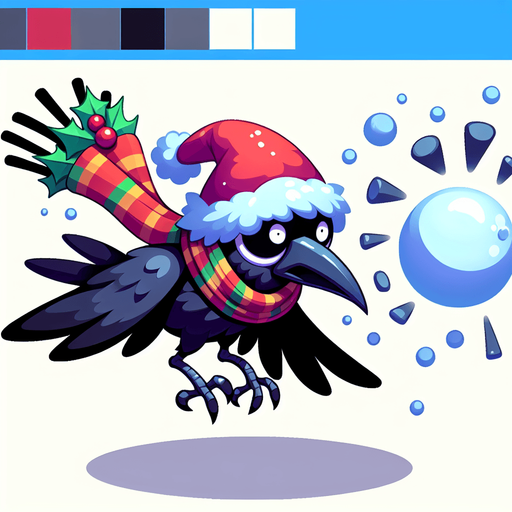 raven with christmas hat and colorful scarf got hit by a snowball in the air, he is shocked, cartoon Single Game Texture. In-Game asset. 2d. Blank background. High contrast. No shadows.