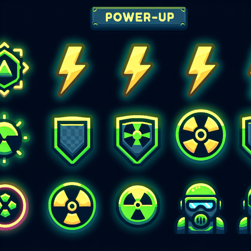 A sprite sheet that has power up icons. Icons include lightning bolt, shield, radioactive symbol and a small soldier. Cyberpunk and using neon glow. Green and yellow highlights. 
Single Game Texture. In-Game asset. 2d. Blank background. High contrast. No shadows.