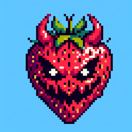 a demonic strawberry, pixel style.
Single Game Texture.  In-Game asset.  2d.  Blank background.  High contrast.  No shadows
