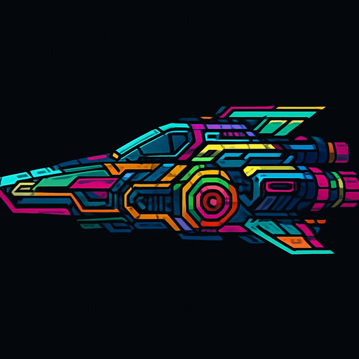 Cyber Ship assets, Cyberpunk, Abstract, Futuer, HD colors, Different colors. Horizontal. seen from a side.
In-Game asset.  2d.  High contrast.  No shadows