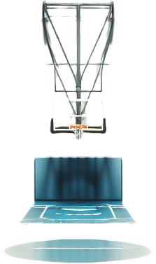 篮球场，写实风格，视角是站在篮球场中心看向其中一个篮筐，在体育馆内.
Single Game Texture. In-Game asset. 2d. Blank background. High contrast. No shadows.