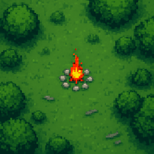 Kamp ateşi ve etrafındaki taşlar daha küçük olsun ve harita daha büyük olsun(daha da yukarıdan bakıyormuş gibi)