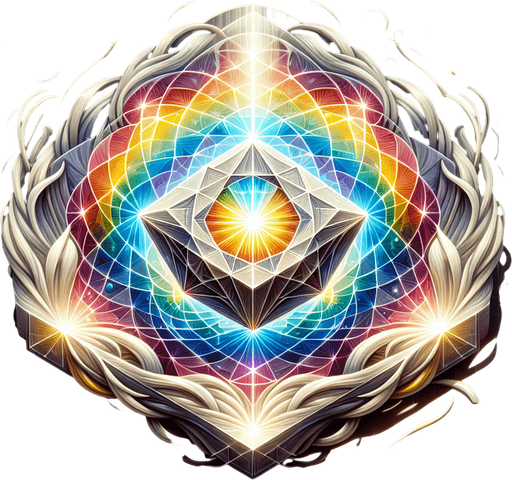 A classic prism shape refracting a beam of white light into a rainbow spectrum. Could also be a figure surrounded by a swirling aura containing all the skill colors..
Single Game Texture.  In-Game asset.  2d.  Blank background.  High contrast.  No shadows